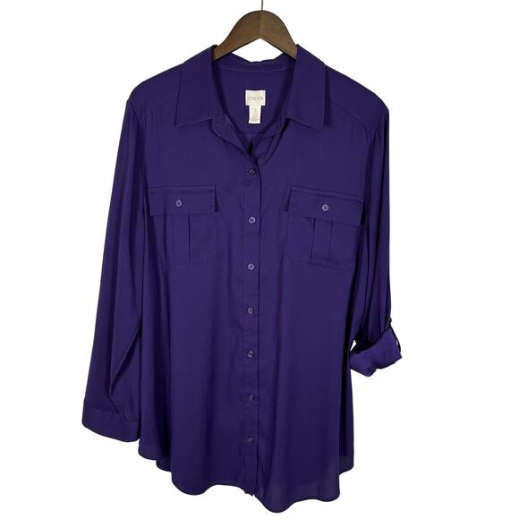 Chico's Sz 3 US XL Purple Utility Button Up Long Sleeve Top Careerwear‎ - Picture 1 of 8